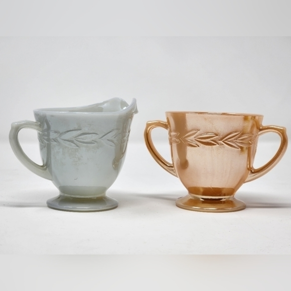 Vintage Peach/White Luster Anchor Hocking Fire King Cream And Sugar Bowls